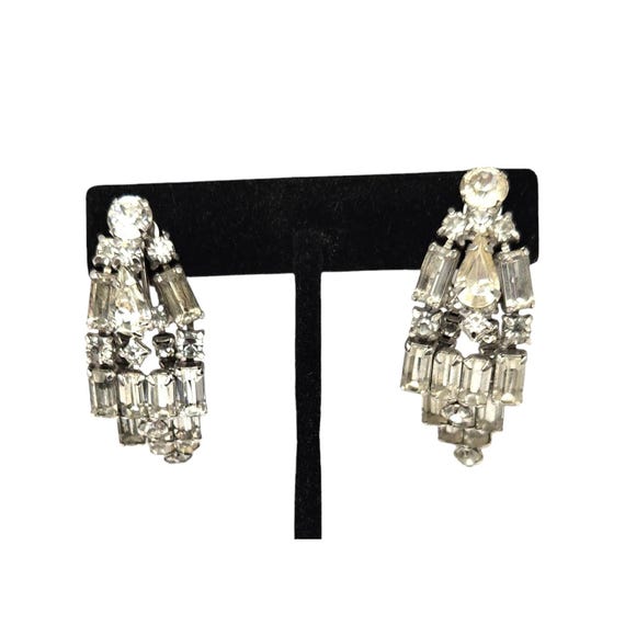 Vtg Kramer Of New York Crystal Rhinestone Clip-On Earrings MCM Design W/ Round & Baguette Stones