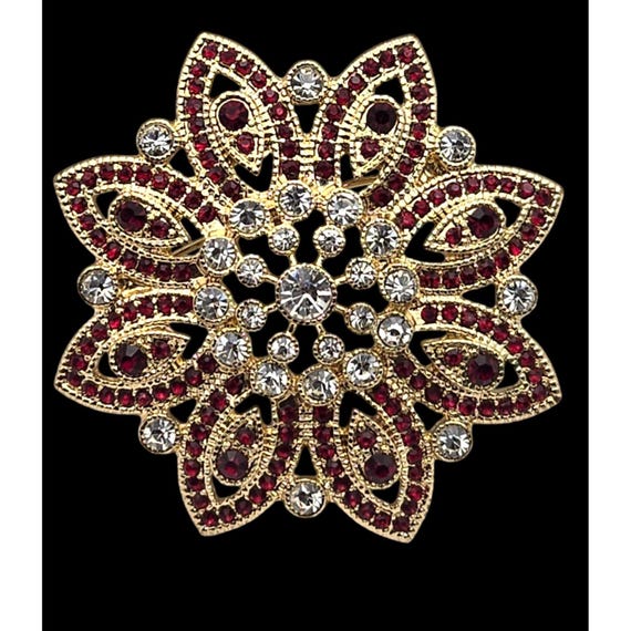 Vintage Monet Gold-Tone Brooch With Red & Clear Rhinestones Floral Design Jewelry Pin