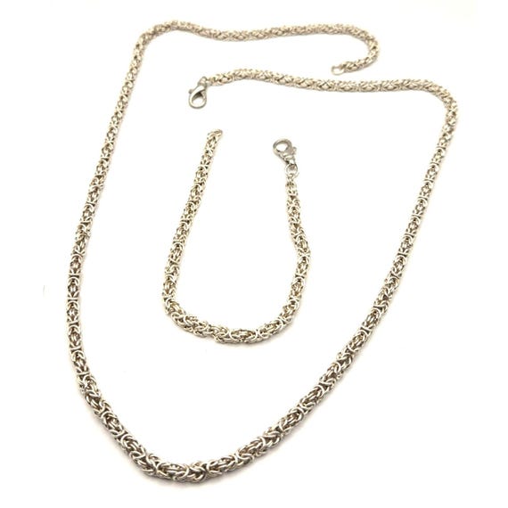 Vintage Sterling Silver Byzantine Chain Necklace & Bracelet Set Intricate Design Lobster Clasp Closures Timeless Jewelry Accessory