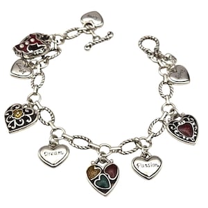 Vtg Brighton Enamel Hearts Charm Bracelet Spirit Laugh Dream Passion 7 3/4" Length & 3/4" Width With Charms Silver Tone