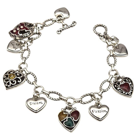 Vtg Brighton Enamel Hearts Charm Bracelet Spirit Laugh Dream Passion 7 3/4" Length & 3/4" Width With Charms Silver Tone