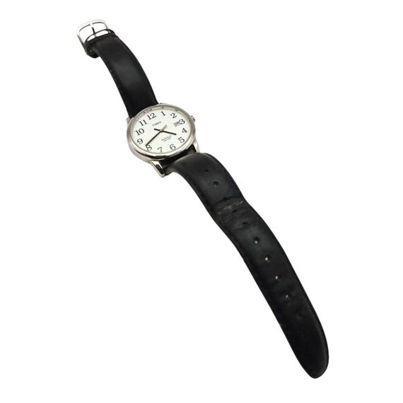 Vtg Timex Indiglo Ladies Wristwatch Stainless Steel Silver Round Face Black Leather Band 9.5" Strap Running W/ New Battery