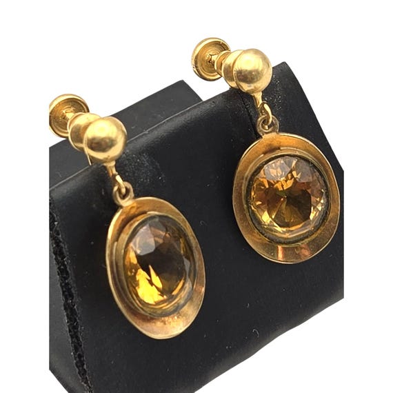 Vtg 10 Kt Gold Filled Amber Rhinestone Dangle Screw Back Earrings Oval Shape 1 1/4" Drop