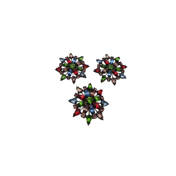 Vintage Multi-Color Rhinestone Flower Brooch Pins (3)