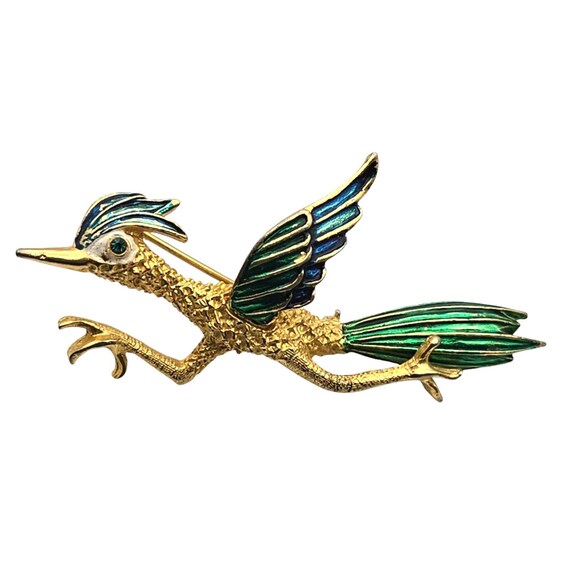 Vintage 1960s Roadrunner Brooch With Blue & Green Enamel On Gold Tone Metal