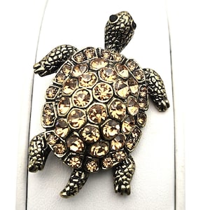 Vintage Rhinestone Turtle Brooch Pendant With Antiqued Gold Tone & Sparkling Gems 1 3/4 &quot;
