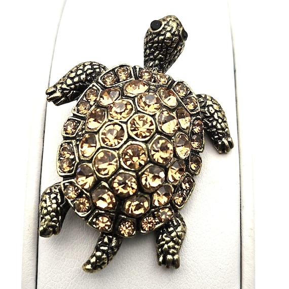 Vintage Rhinestone Turtle Brooch Pendant With Antiqued Gold Tone & Sparkling Gems 1 3/4 "