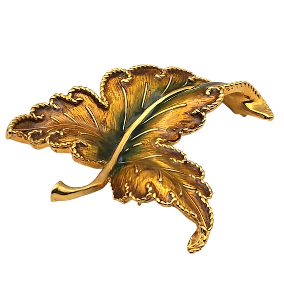 Vintage Gold Tone Enamel Leaf Brooch Pin Fall Brooch