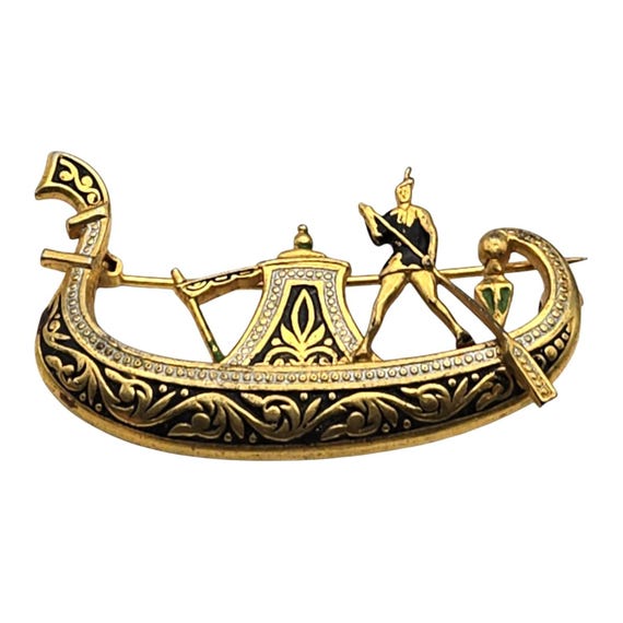 Vtg Damascene Egyptian Boat Brooch Pin Gold & Black Enamel Gondola Design Intricate Detailing Collectible Jewelry Accessory