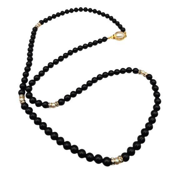 Vintage Carolee Black Bead Necklace With Gold-Tone & Faux Pearl Accents And Clasp 33 "