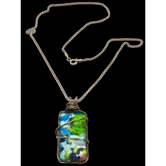 Vintage Sterling Silver Wire Wrapped Dichroic Glass Pendant Necklace 10 1/2 "