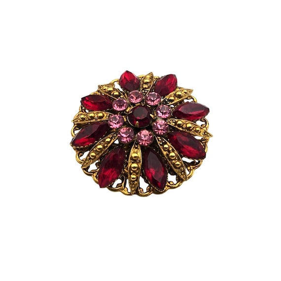 Vintage Gold-Tone Brooch With Ruby & Pink Rhinestones Floral Design 1.25" Diameter