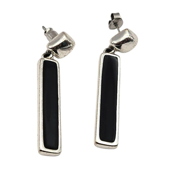 Vintage Silver Black Onyx Dangle Stud Earrings Rectangular Bar Design