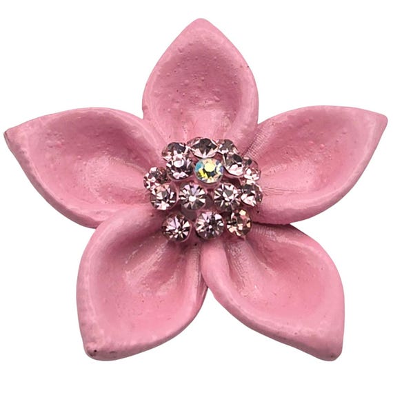 Vintage Ceramic Pink Flower Brooch With Rhinestone Center 2 " x 2 "