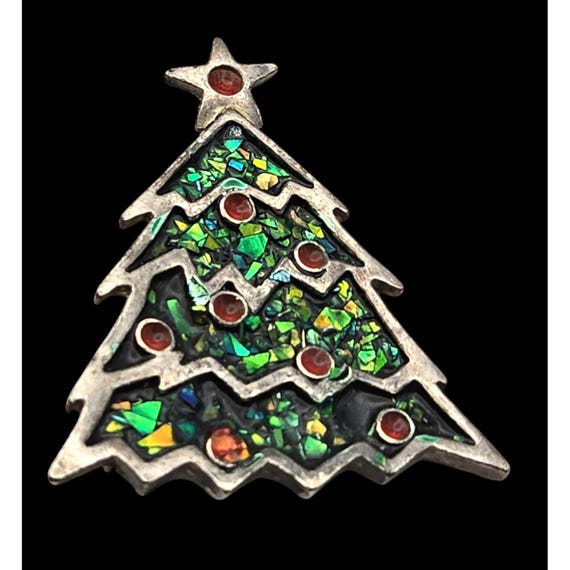 Vintage Christmas Tree Brooch With Mosaic Inlay & Red Rhinestones