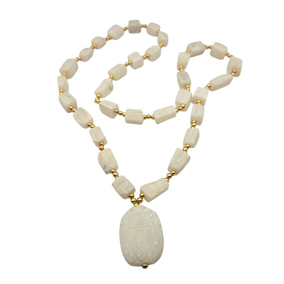 Vtg Hand Carved Soapstone Scarab Pendant Necklace W/ Gold-Tone Beads 16" Length Handmade Egyptian-Inspired Design