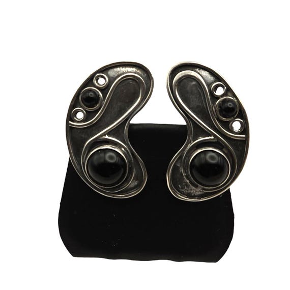 Vintage Mexican Silver & Onyx Clip-On Earrings