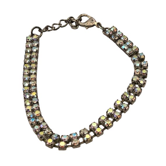 Vintage AB Rhinestone Tennis Bracelet Adjustable Length Silver Tone Women’s Jewelry