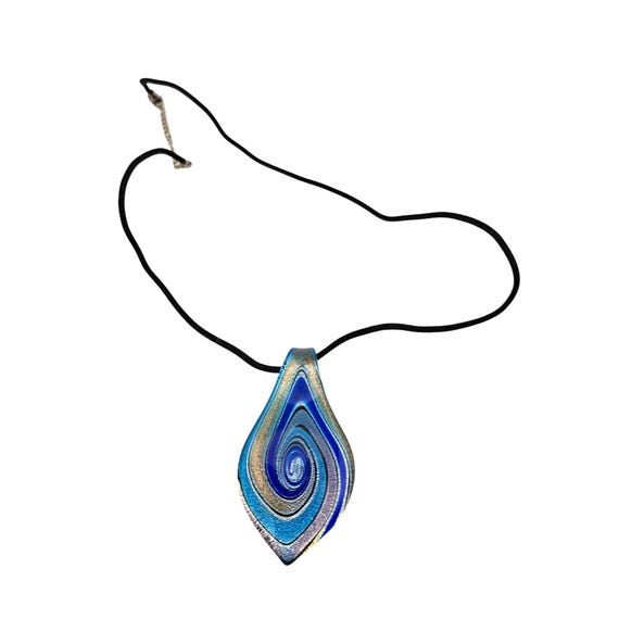 Handcrafted Metallic Blue & Silver Teardrop Pendant Necklace With Black Cord Modern Art Deco Style Statement Jewelry
