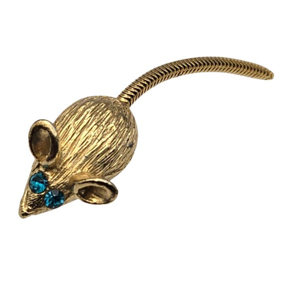 Vtg Gold Tone Mouse Brooch W/Reticulated Tail & Rhinestone Eyes 2 " x 1/2 "