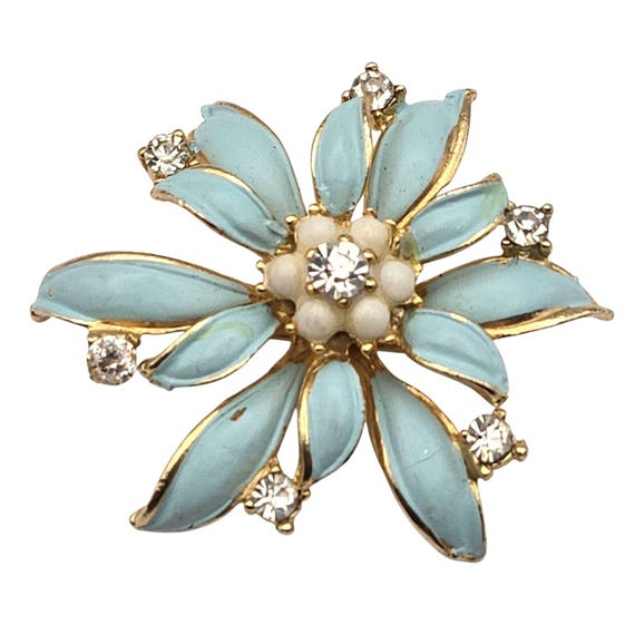 Vintage Gold-Tone Flower Brooch With Rhinestones & Faux Pearls