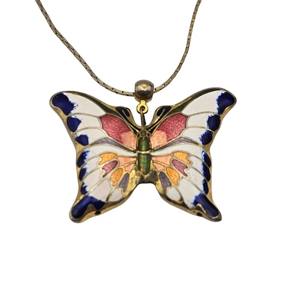 Vtg Cloisonne Butterfly Pendant Necklace Gold-Tone Chain 1 1/4" X 1 1/2" Multicolor Enamel Jewelry