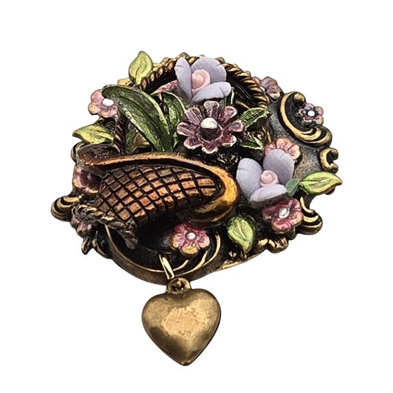 Vintage Floral Bouquet Brooch With Heart Charm & Hand Painted Details 1 3/8 " X 1 3/4 "