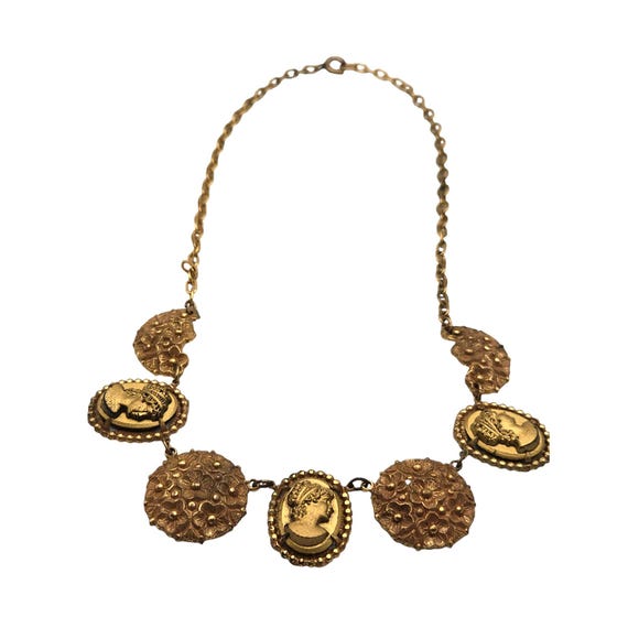 Vintage Victorian Era Gold Tone Link Necklace With Black Stone Accents & Embossed Cameo Medallions