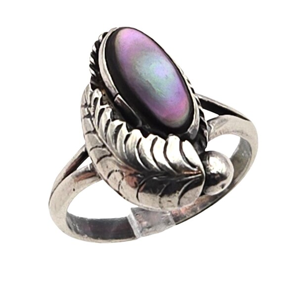 Vtg Native American Sterling Silver Ring W/ Purple Gemstone & Leaf Design Size 5