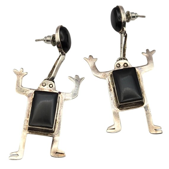 Vtg Phyllis Woods Sterling Silver Frog Earrings W/ Black Onyx Gemstones