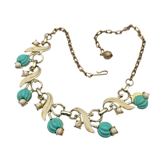 Vintage Gold-Tone Necklace W/Turquoise & Faux Pearl Floral Accents Adjustable Chain - Hook Clasp