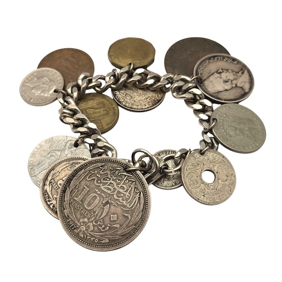 Vintage Silver Coin Charm Bracelet With Foreign Coins From 1911-1916 109.79g Unique Handcrafted Jewelry Piece For Collectors & Enthusiasts