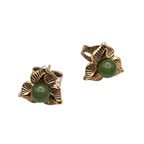 Vintage 14 Kt. Gold Leaf Stud Earrings With Green Jade Stone
