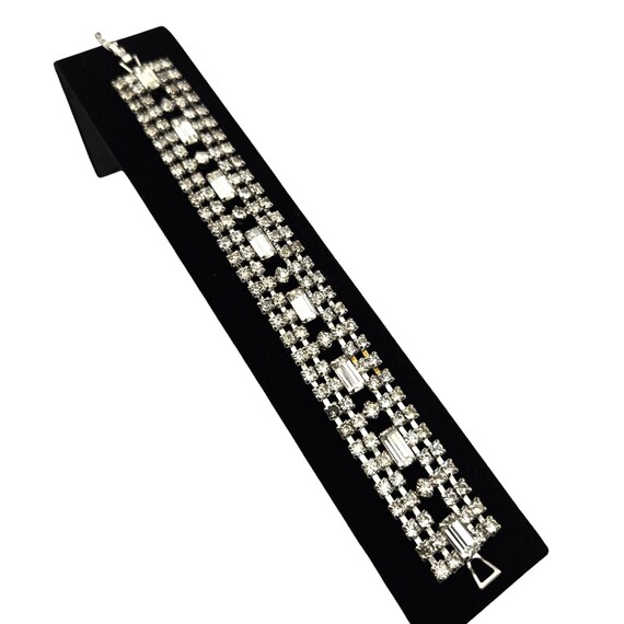 Vintage Art Deco Rhinestone Bracelet With Round & Baguette Stones 7" X 3/4" Elegant Statement Piece Classic Jewelry