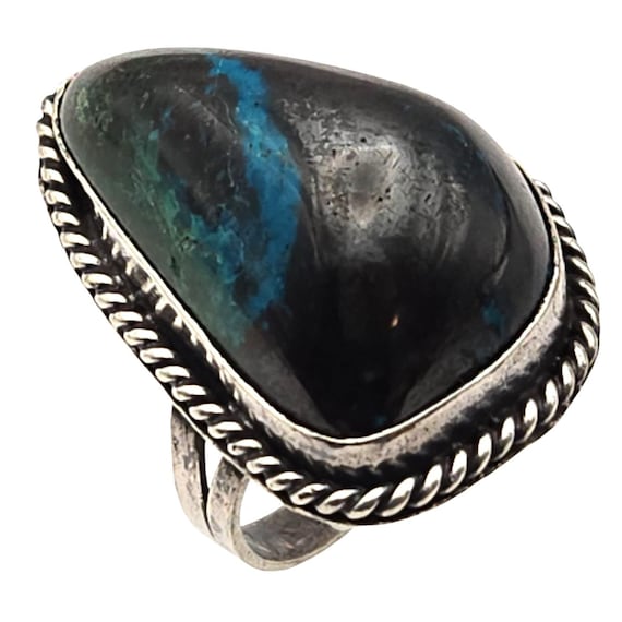 Vtg Southwestern Style Azurite Agate Stone Ring Sterling Silver Rope Design Size 6