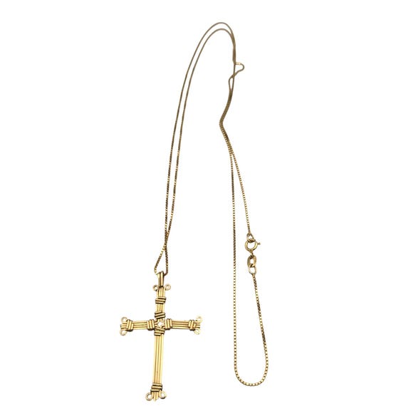 14K Yellow Gold Cross Pendant Necklace W/ 24" Petite Box Chain Handcrafted 1 3/4" X 1" Pendant 4.38 Grams Vintage Style