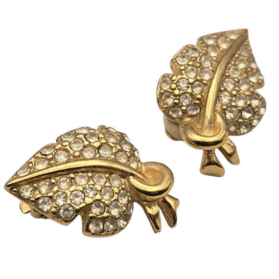 Vtg. Givenchy Rhinestone Leaf Clip On Earrings Gold Tone Sparkling Jewelry For Women