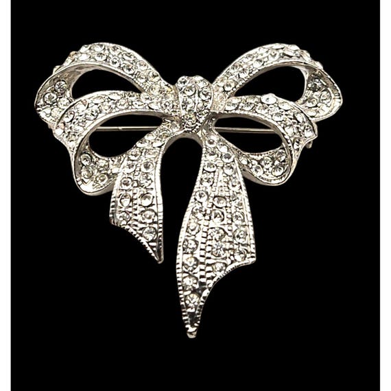 Vintage Crystal Rhinestone Bow Brooch Sparkling Silver Tone Costume Jewelry Art Deco Brooch 2 " x 1 3/4 "