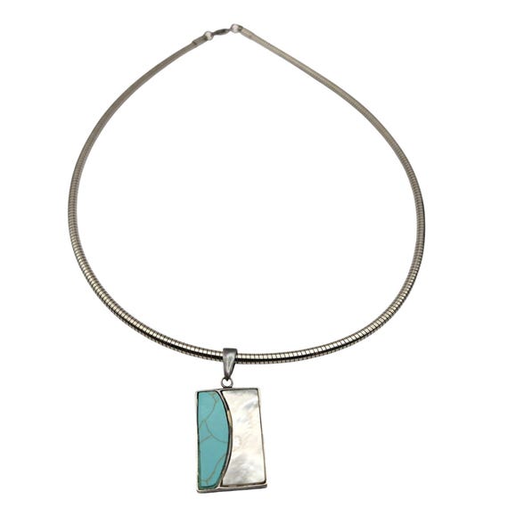 Vtg Sterling Silver Rectangular Pendant Necklace W/ Turquoise & Mother Of Pearl Inlay On Stainless Plated Chain