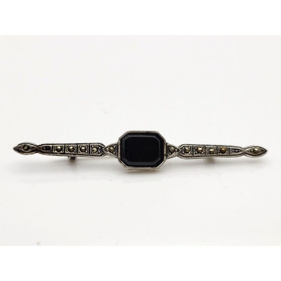 Vintage Sterling Silver & Black Onyx Bar Brooch With Marcasite Accents