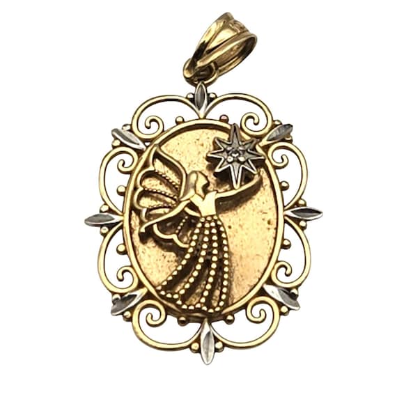 Vtg 10 Kt Gold Christian Angel Pendant "I Will Always Be At Your Side" Oval 1 1/4" x 5/8" Intricate Design