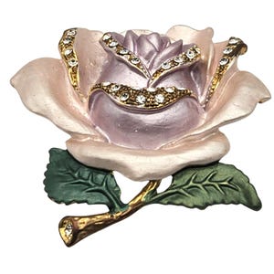 Gold-Tone & Rhinestone Purple Rose Brooch Pin With Green Leaf Accent