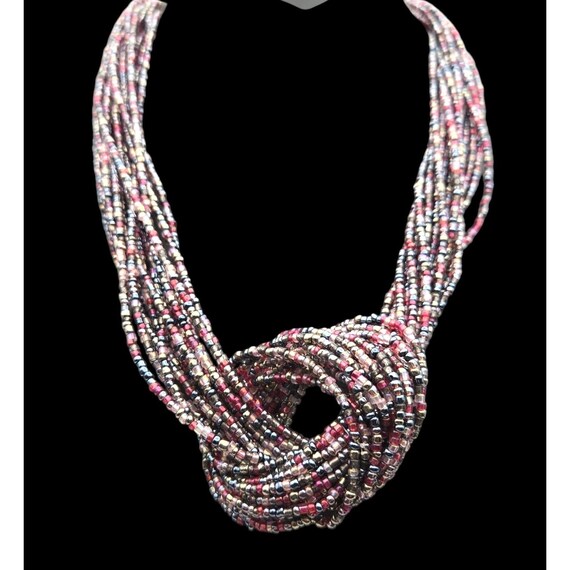 Vintage Multi-Strand Beaded Knot Necklace With Maroon Silver & Black Accents 10 " Shown