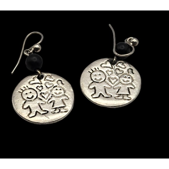 Vintage Silver Tone Earrings With Adorable Kids & Hearts Design