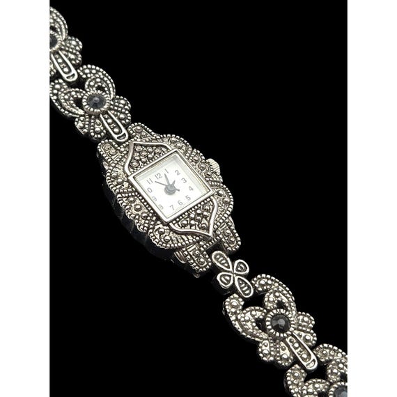 Vtg Silver Tone Marcasite Rhinestone Ladies Watch 7.5" Band With 5/8" Square Face Elegant Vintage Style Jewelry