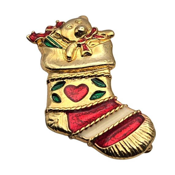 Vintage A.A.i Christmas Stocking Bear Pin Brooch Gold & Enamel Holiday Jewelry