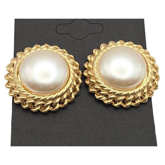 Vtg Faux Pearl Gold Tone Button Clip-On Earrings 1 1/8 " w/ 3/8 " Rise