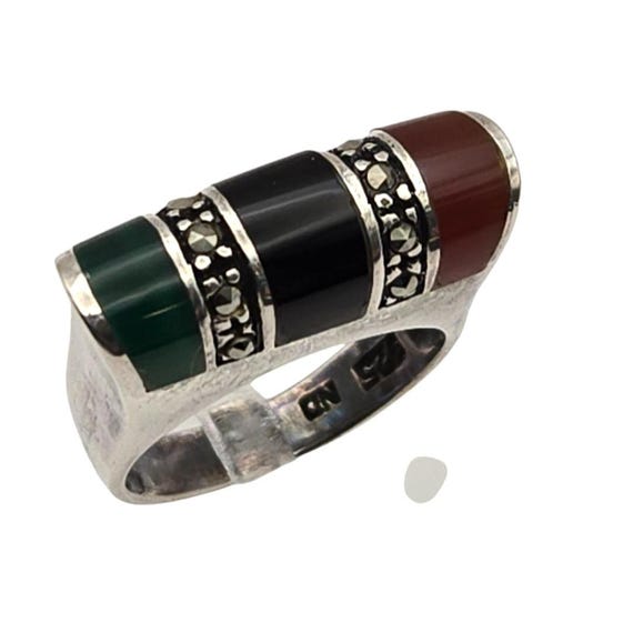 Sterling Silver Gemstone Band Ring With Coral Onyx Malachite & Marcasite Inlay Design 6 3/4