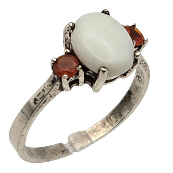 Vtg Sterling Silver Ring W/ White Oval & Red Gemstones Size 9 3/4