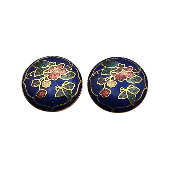 Vintage Cloisonné Floral Clip-On Earrings 3/4 "
